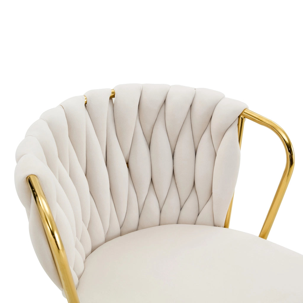 Sedia da pranzo, rivestimento in velluto, schienale intrecciato, struttura in metallo, ergonomica, color beige e dorato
