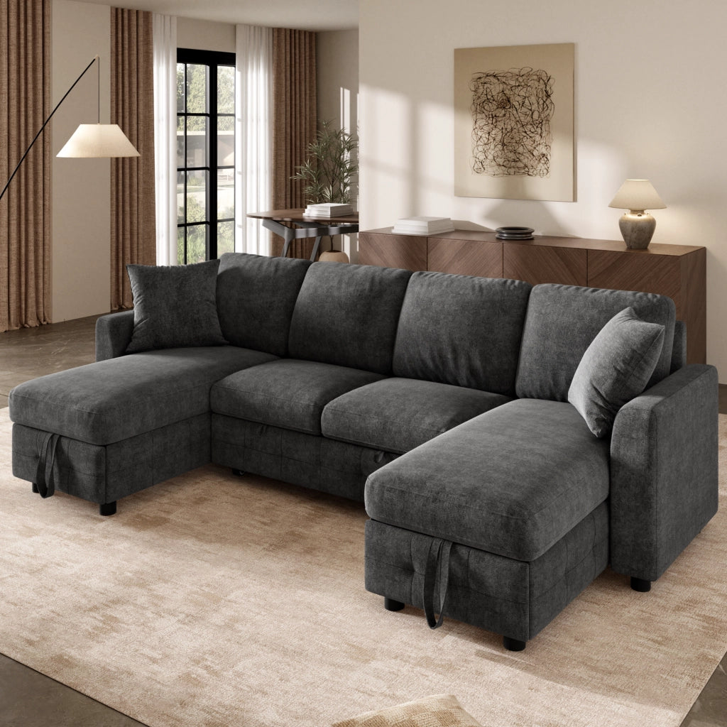 Divano letto estraibile a U in ciniglia con 2 vani contenitore e porte USB/Type-C, grigio scuro