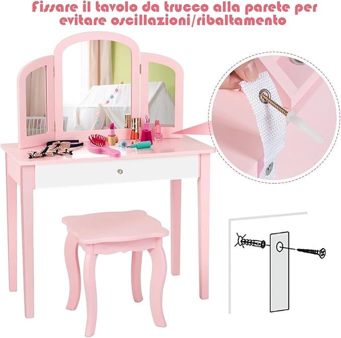 Toeletta Trucco per Bambina, Specchiera Trittica per Ragazza in Legno Robusto con Sgabello e Cassetto, Postazione Trucco 2 in 1 per Cameretta e Cmera da Letto, 95x70x34cm(Rosa)
