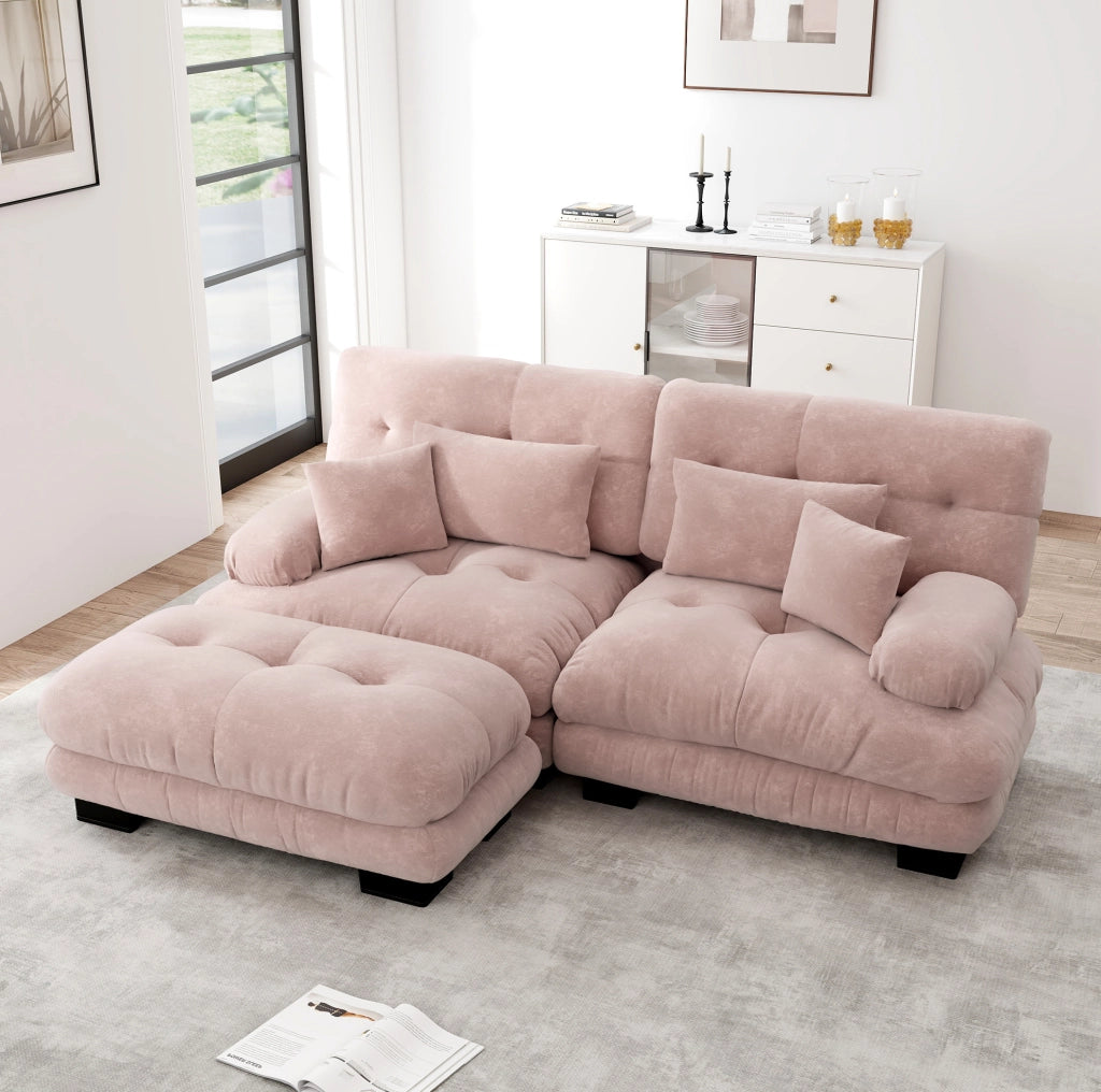 Divano modulare con ottomani mobili in ciniglia rosa