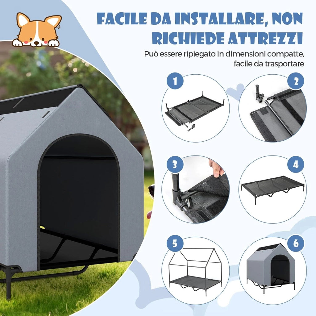 Casetta per Cani, Letto Rialzato per Cani con Copertura Rimovibile ed Impermeabile e Finestre Ventilate, Cuccia Cane Esterno ed Interno Taglia Piccola/Media/Grande (84 x 132 x 114 cm)