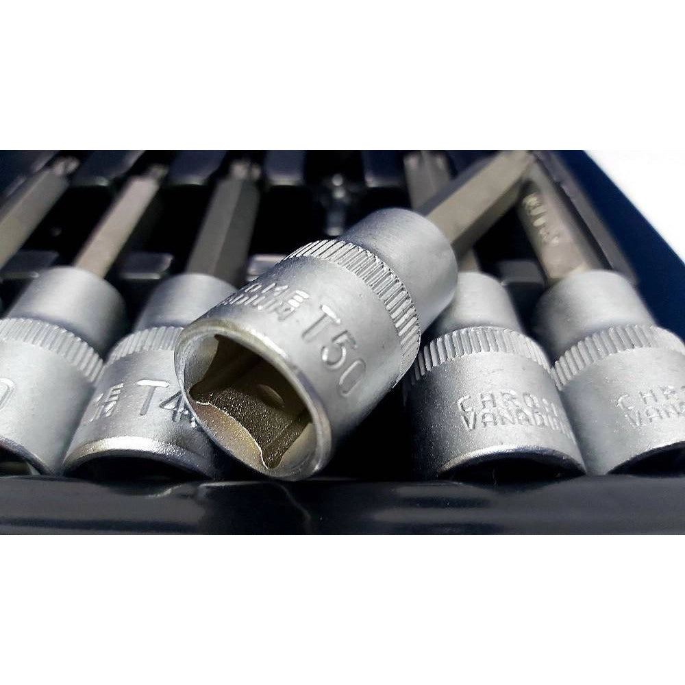 Trade Shop - Kit Set Inserti Chiavi 19 Pezzi Bussole Chiavi Torx Maschi 1/4" 1/2" In Valigia -