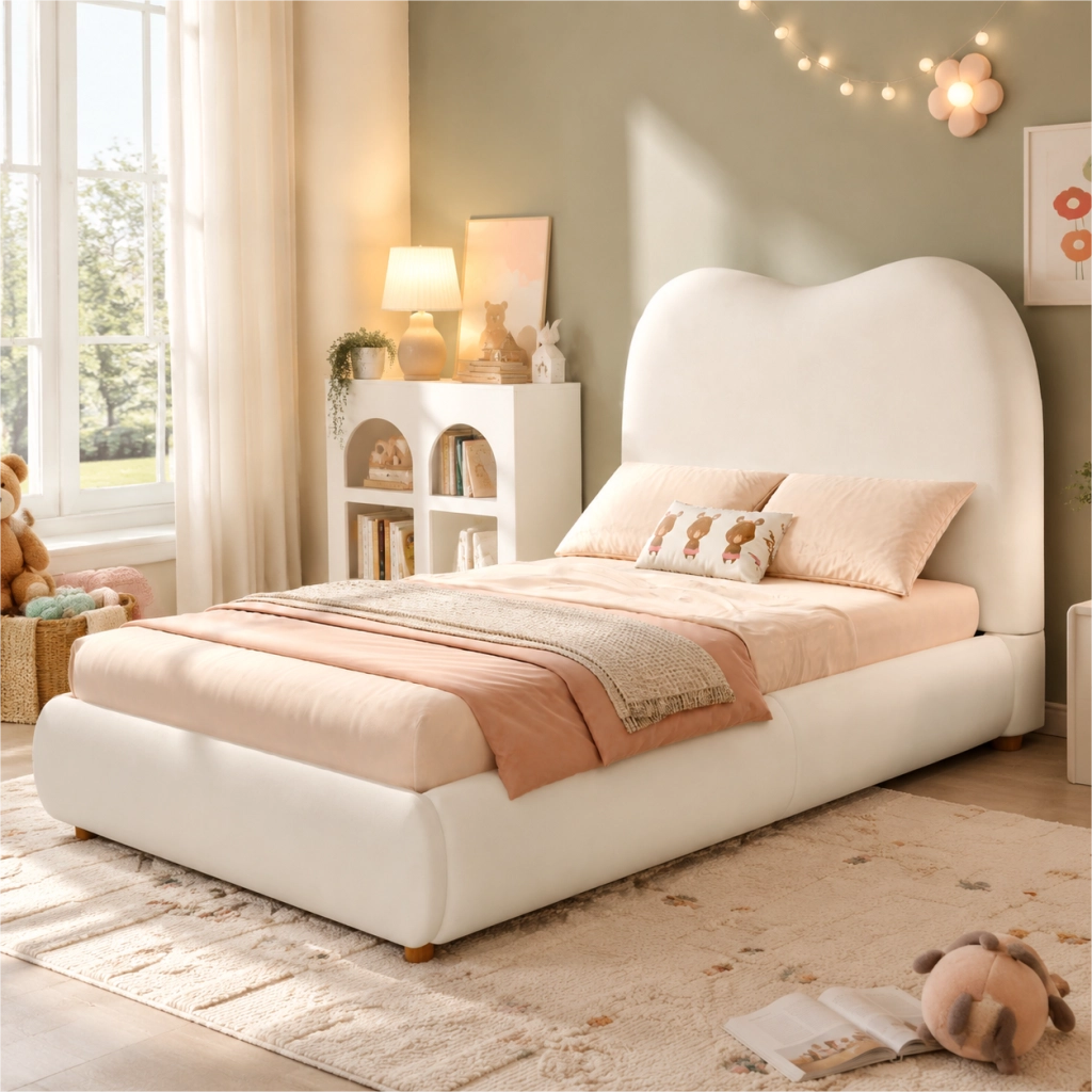 Letto per bambini 90 × 200 cm con contenitore idraulico, testiera imbottita, senza materasso, in velluto beige