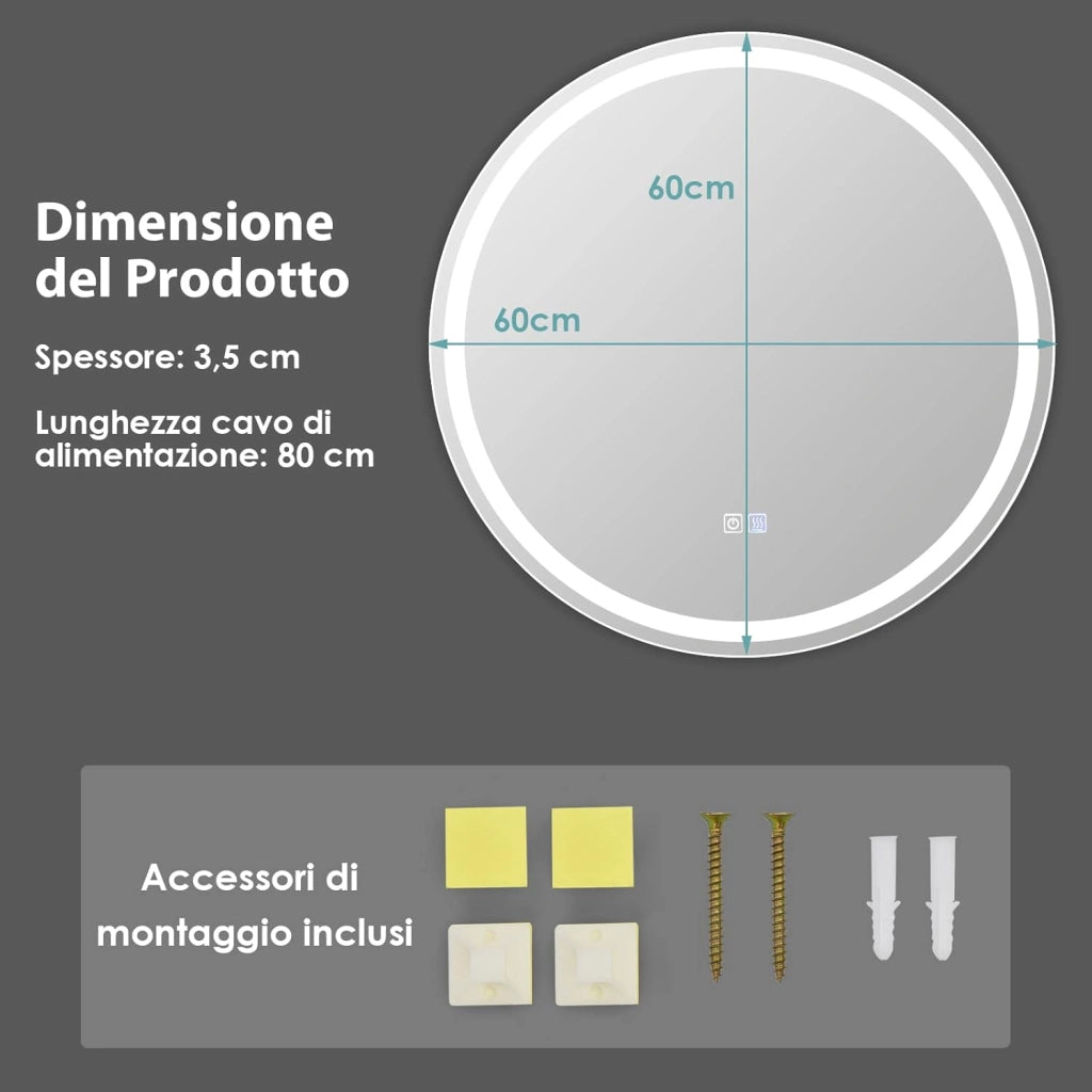 Specchio Bagno con LED, Specchio da Parete IP44 con Luce Regolabile 3000-6000k a 3 Colori, Telaio in Alluminio e Funzione Disappannamento per Paccucchiere e Camerino (Rotondo Ø 60cm)