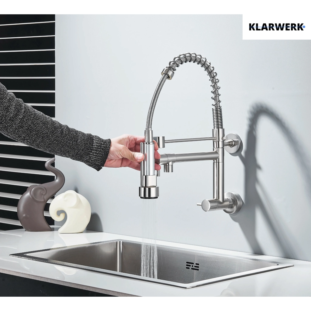 Björn|Catering Rubinetto monoforo a parete per acqua fredda argento| professionale da cucina in acciaio inox due docce| doppio lavello ristorante