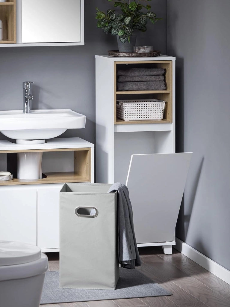 Mobile Bagno Salvaspazio con Cesto Portabiancheria – Mobiletto Cassettiera Bagno, Mobile Lavanderia Bianco, 35 x 30 x 105 cm, BZR146-W