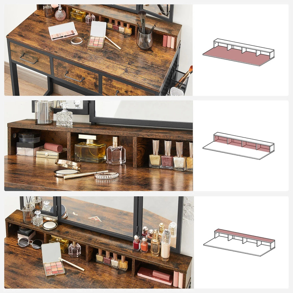 Set da toeletta 90 x 40 x 141 cm con sgabello imbottito specchio triplo 3 cassetti portaphon e contenitore portaoggetti stile industriale marrone 12_0005417