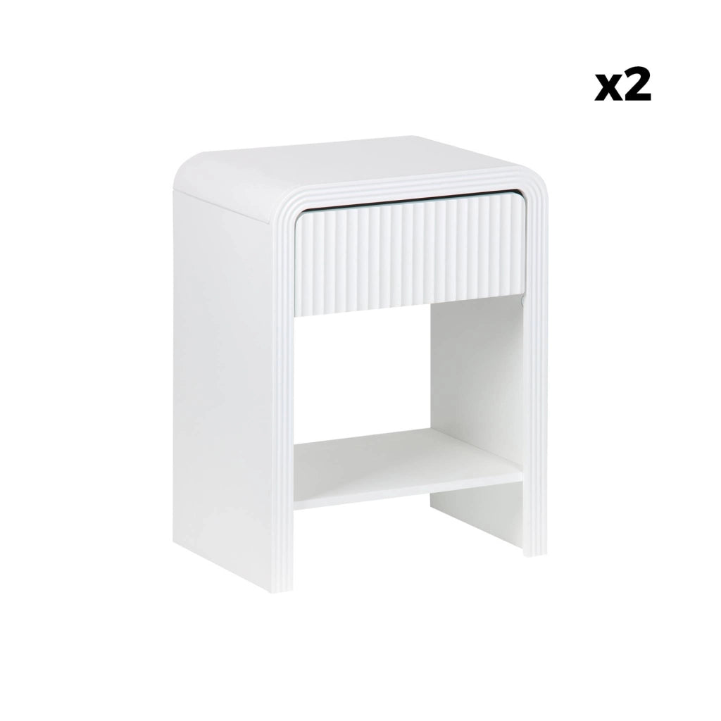 Set 2 comodini effetto legno scanalato, 1 cassetto, 1 ripiano , bianco