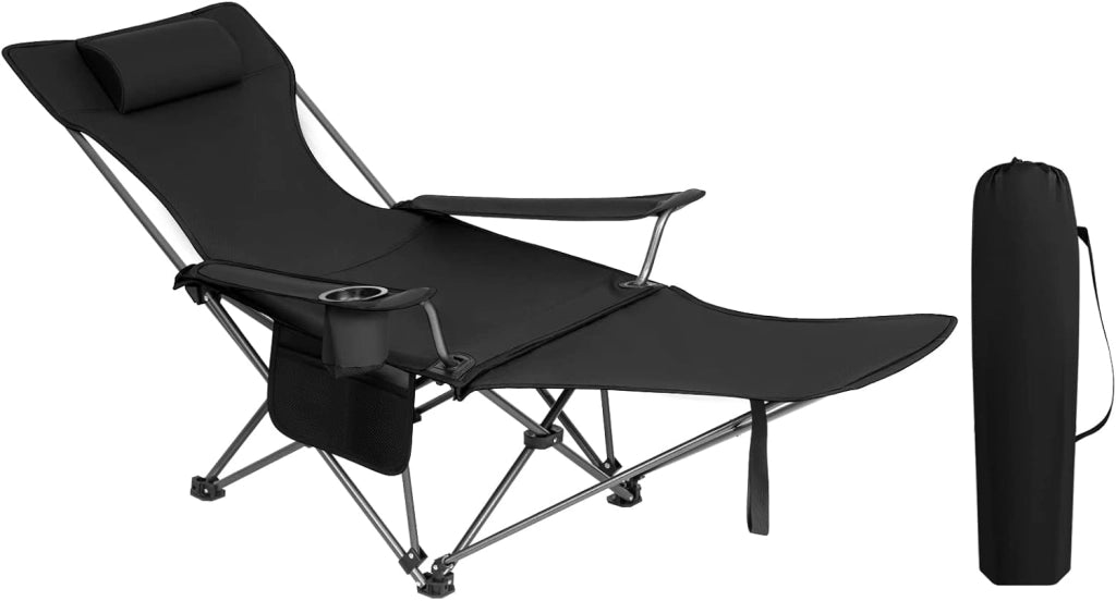 Sedia da Campeggio Portatile Reclinabile, Sedia Pieghevole Esterno con Poggiapiedi, Poggiatesta e Borsa da Trasporto, per Pesca, Giardino, Nero