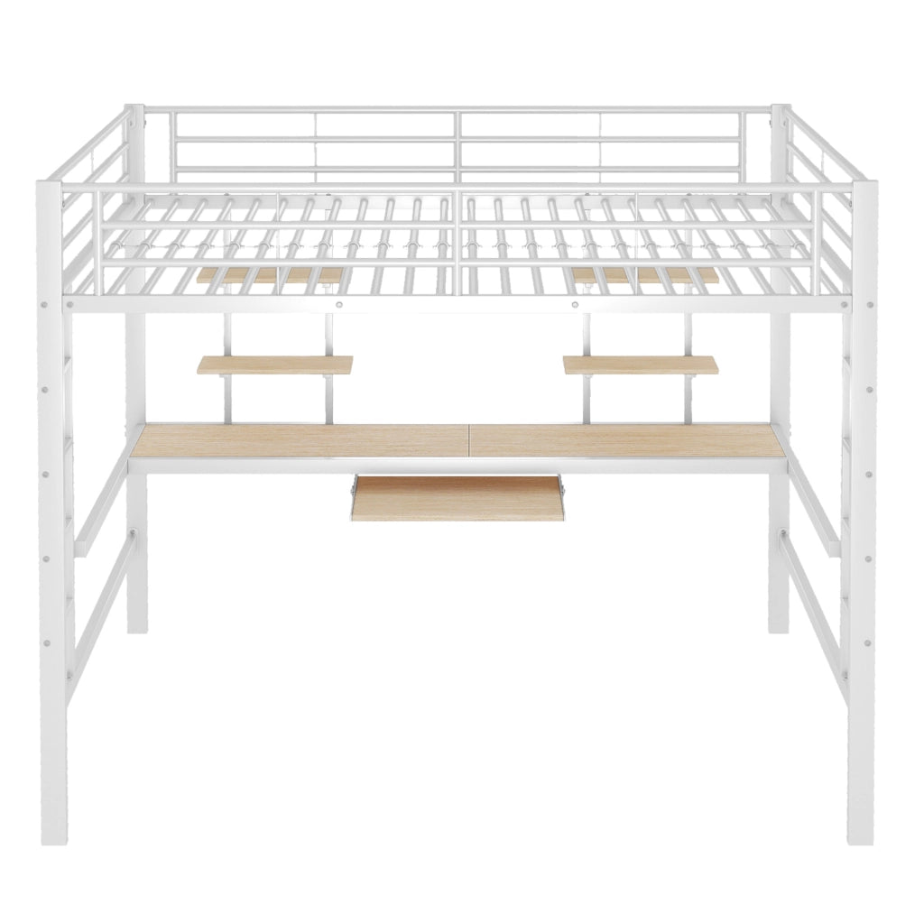 Letto a soppalco in metallo con scrivania e librerie, bianco, 140x200 cm