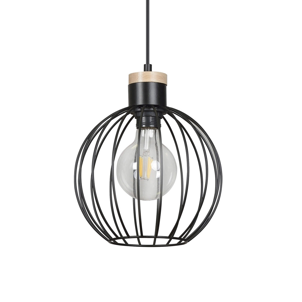 Sospensione 1 Luce Morgana Paralume A Gabbia In Acciaio Nero E Legno Naturale