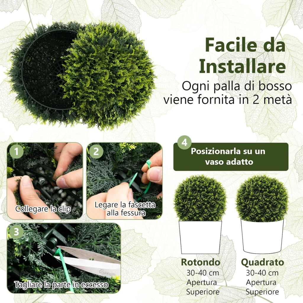 Set di 2 Sfere Topiarie in Cedro 50 cm, Sfere in Buxus con Protezione Solare, Piante Decorative Artificiali per Giardino, Porta d'Ingresso e Balcone