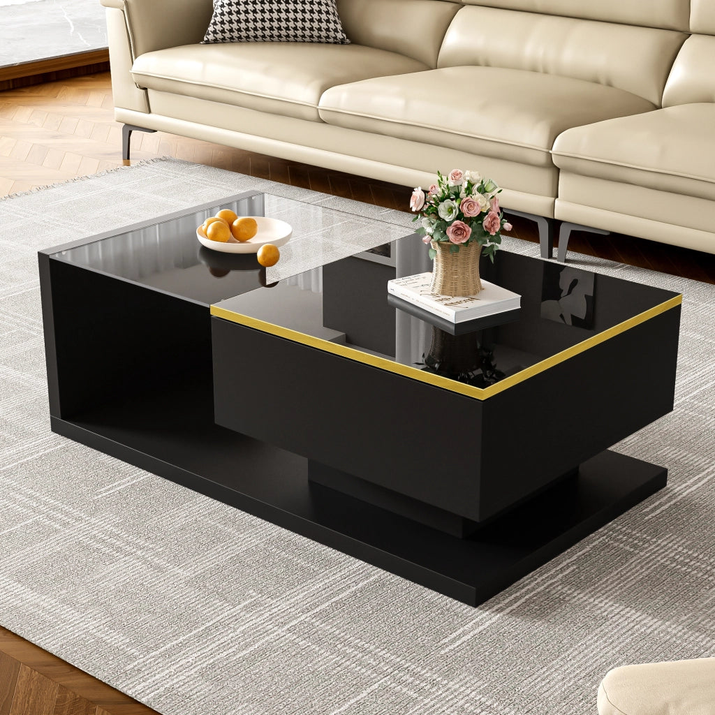 Tavolino da Salotto 90×50×32;5 cm con Piano in Vetro e LED 16 Colori; Nero Lucido; in Pannello truciolare; Nero