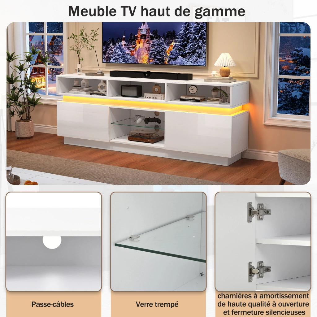 Mobile porta TV con LED e 10 vani contenitore ante lucide per soggiorno in MDF e vetro bianco 160 × 35 × 60 cm