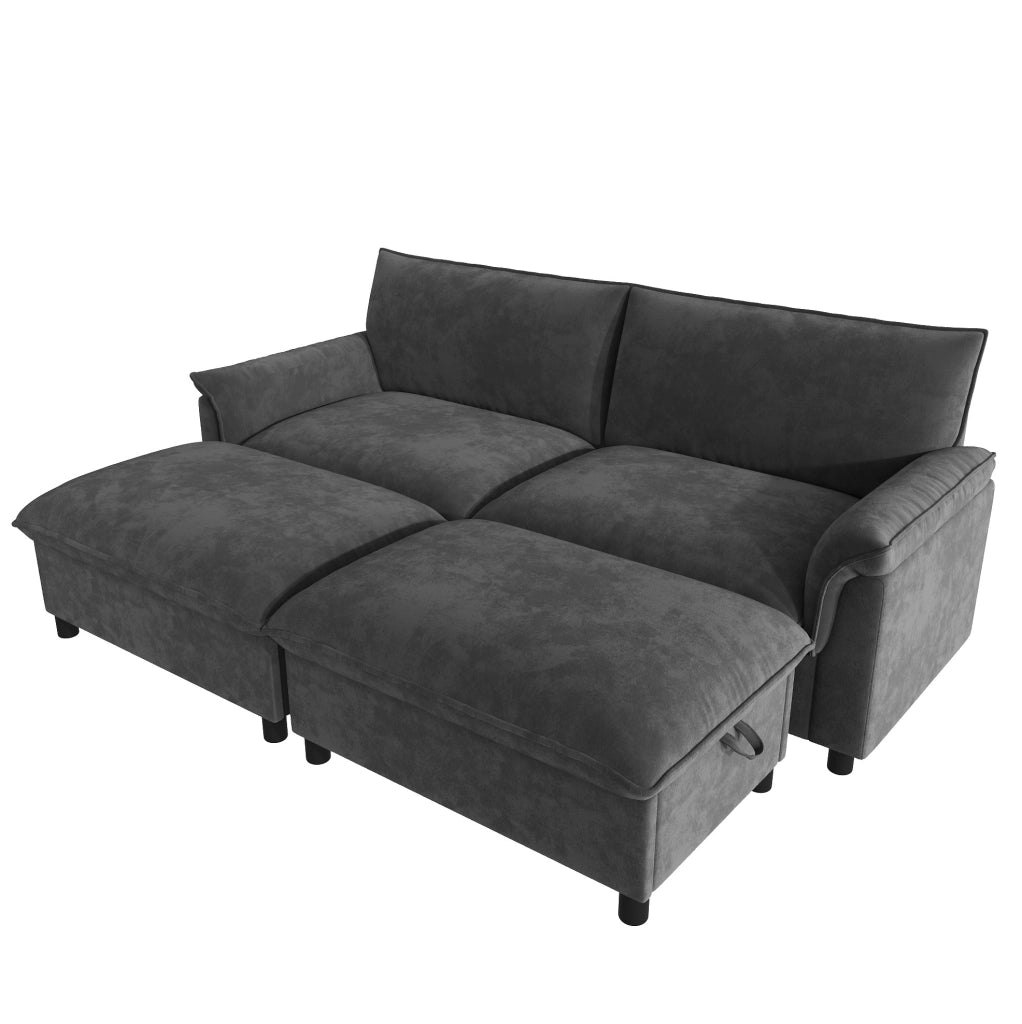 Divano con pouf contenitore convertibile in letto; chenille grigio; L216 cm