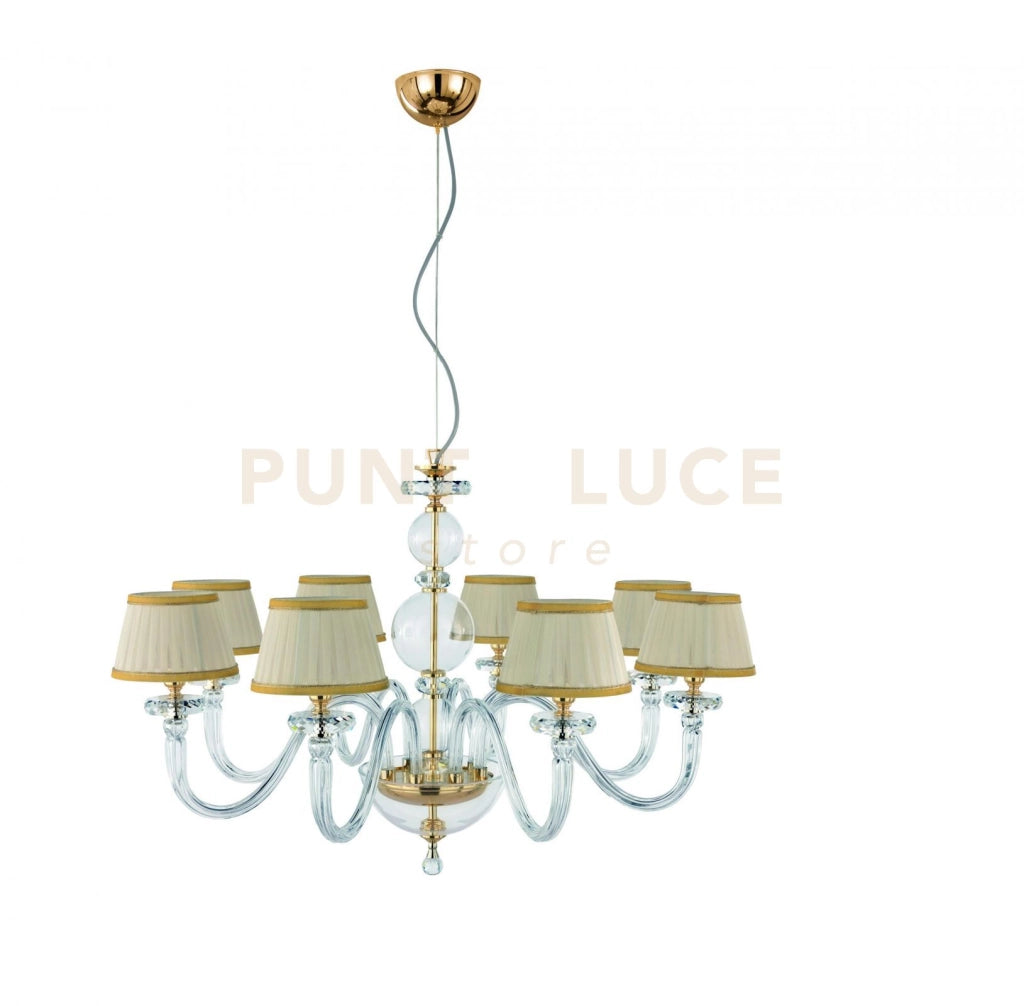 LAMPADARIO BACH 8 LUCI CRISTALLO E FINITURA ORO ATTACCO E14 CON PARALUMI