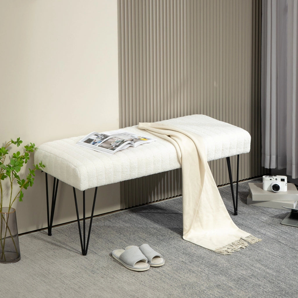 Panca Fondoletto in Tessuto Effetto Ciniglia Gambe a Forcina in Metallo 118,5x46x49,5 cm Crema