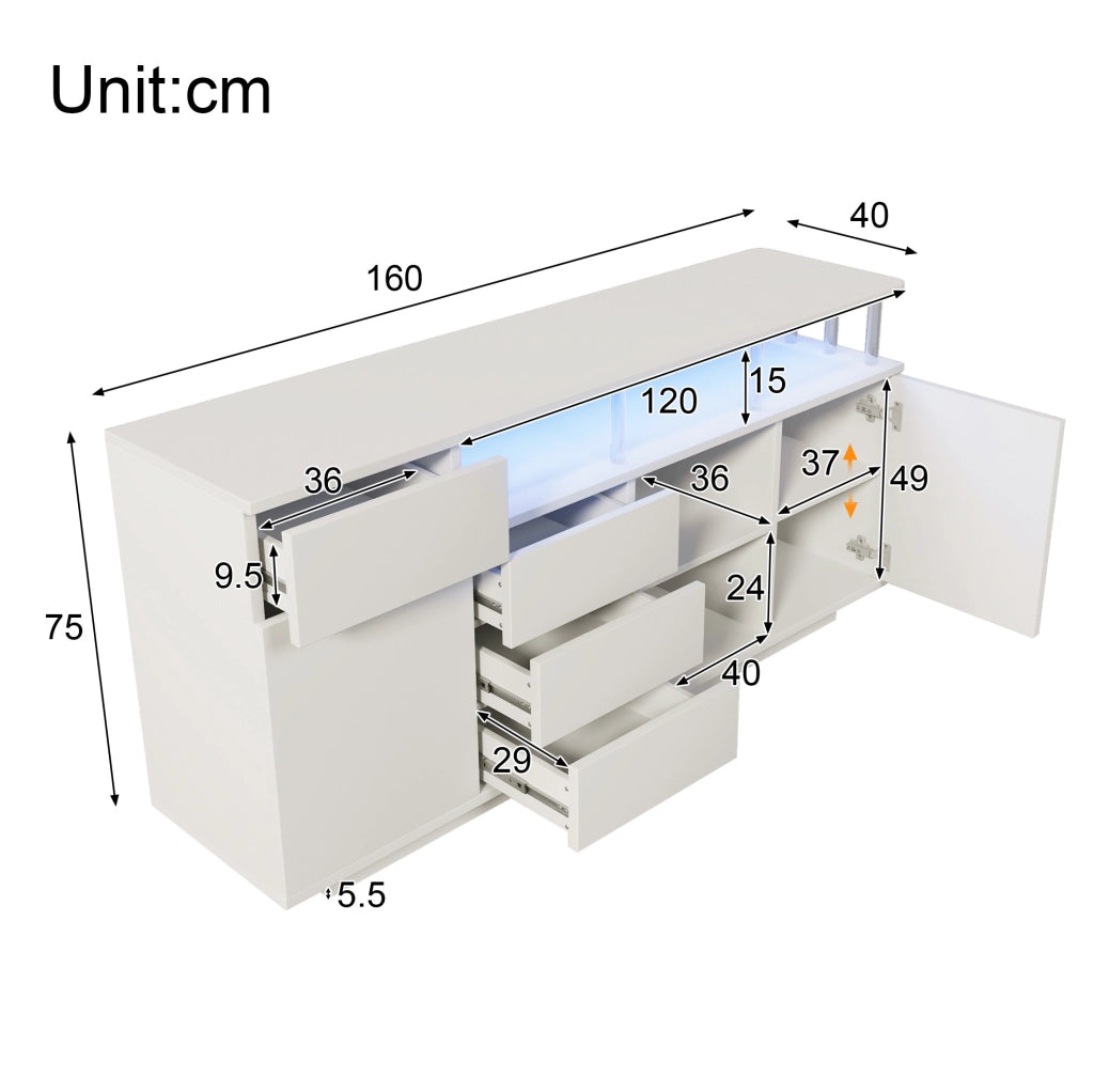 Sideboard bianco 160x40x75 cm con LED, 4 cassetti e 2 ante