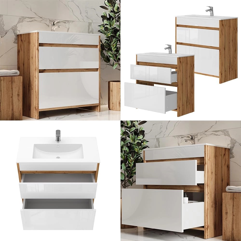Mobiletto per lavabo Detmold, Quercia dorata, 2 parti, mobile base 80 cm, composto da mobile sottolavabo e lavabo