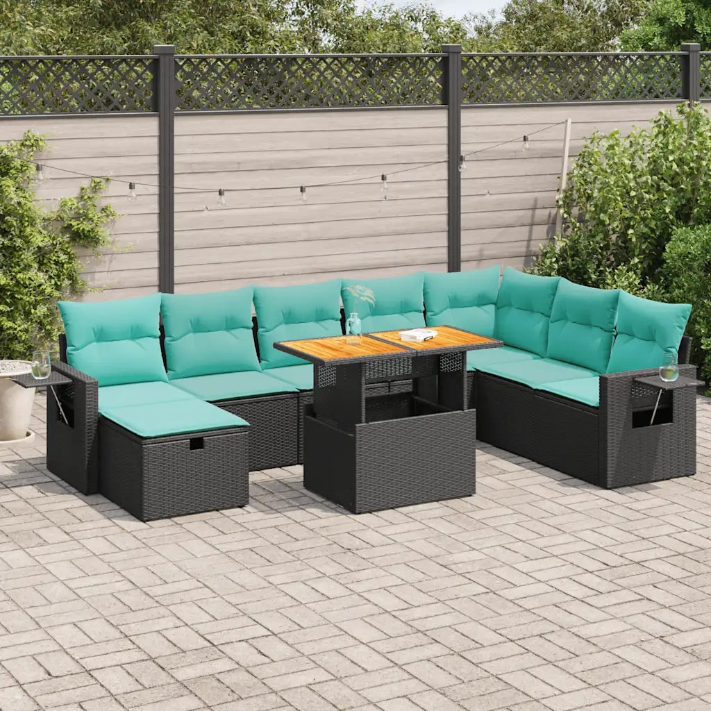 Set Divani da Giardino 9 pz con Cuscini Nero Polyrattan Acacia 3328044