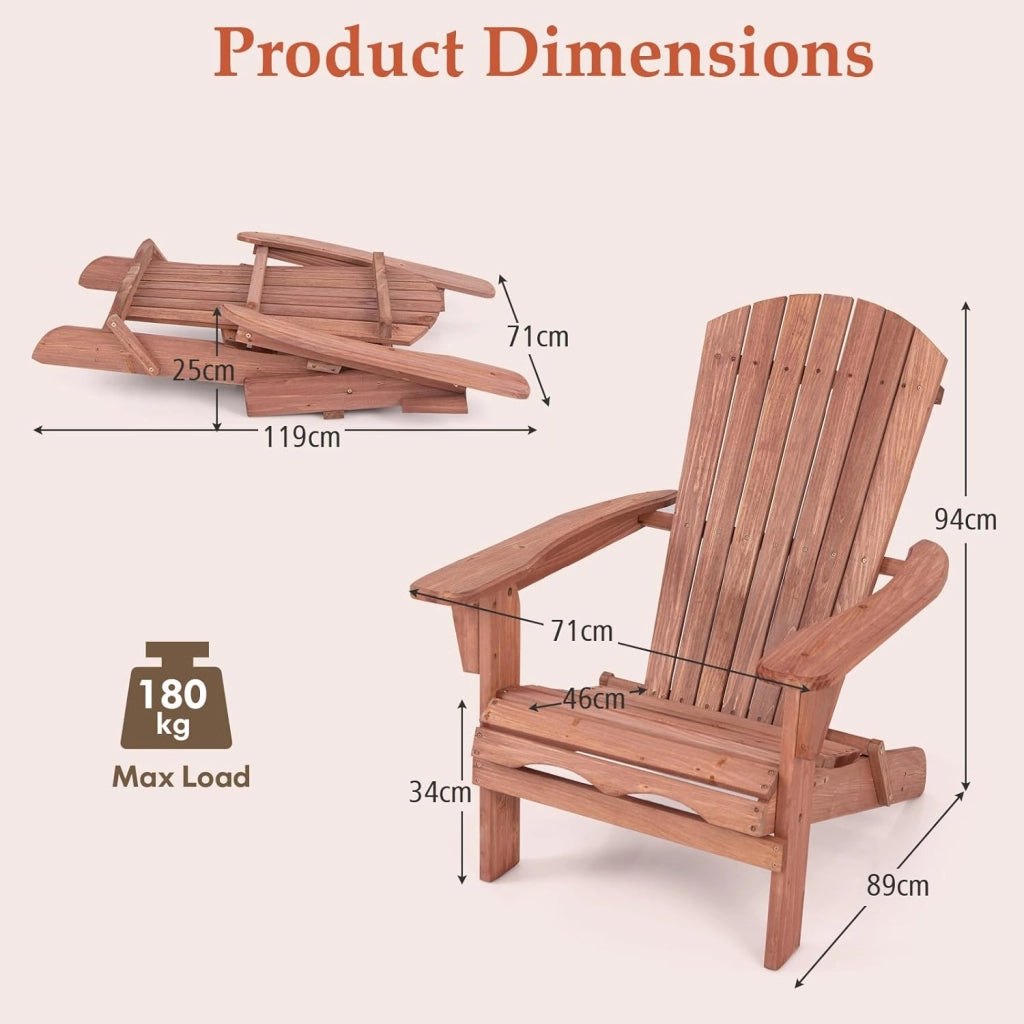 Sedia Adirondack Pieghevole, Sedia da Giardino in Legno di Abete con Schienale e Braccioli, Ergonomica, Poltrona da Esterno per Patio, Terrazza, Balcone, Veranda, Portata 180kg (Naturale*2)
