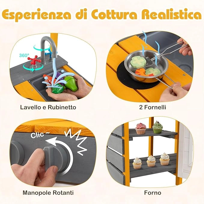 Cucina Giocattolo in Legno, Cucina per Bambini all'Aperto con Fornelli, Lavabo Rimovibile, Rubinetto, Forno, Ganci Appesi e Mensole Portaoggetti, Set di Gioco in Legno per Bambini 3+ Anni