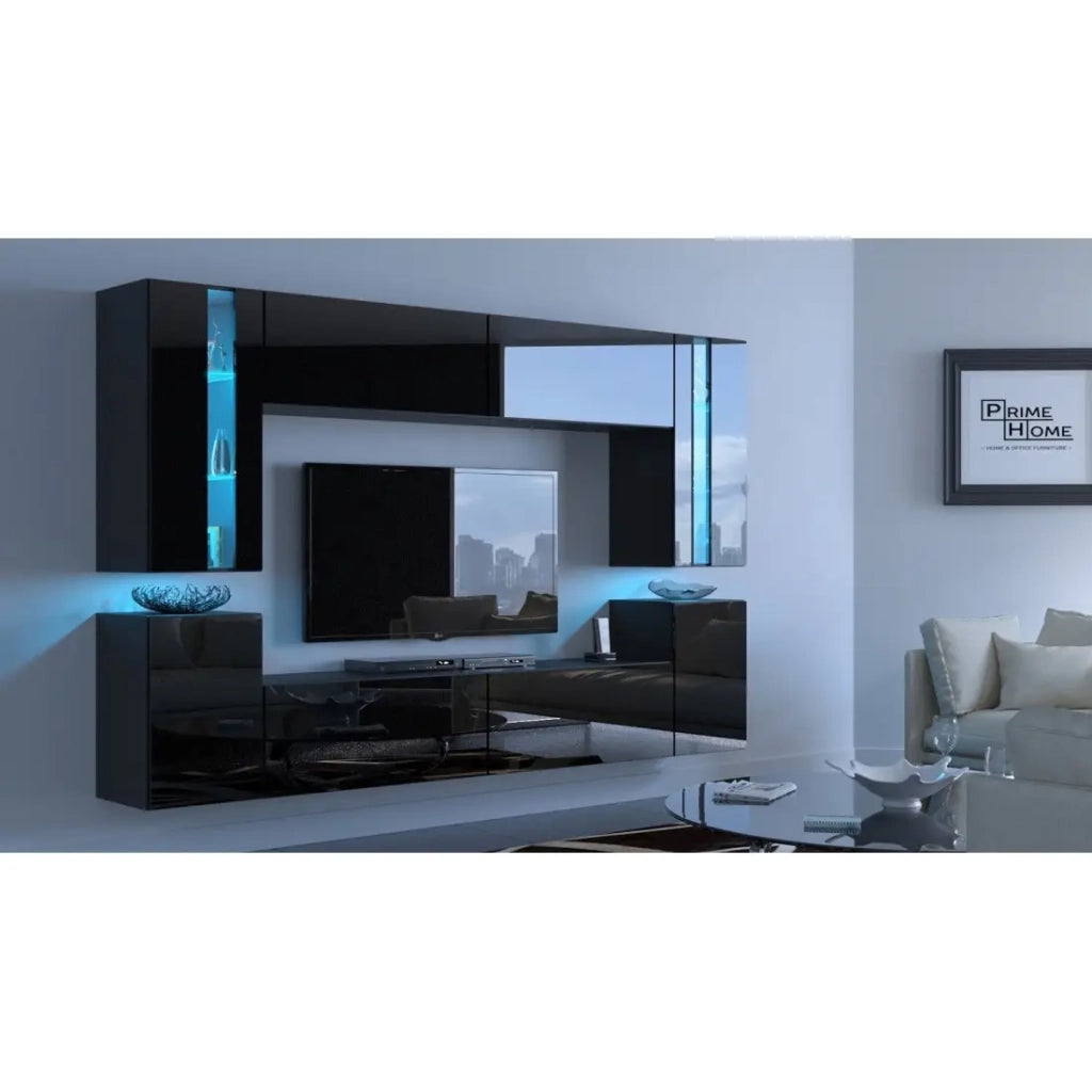 Set di mobili da soggiorno neri sospesi collezione CEPTO XXIV. 256 cm, 8 pezzi, led, modulari.