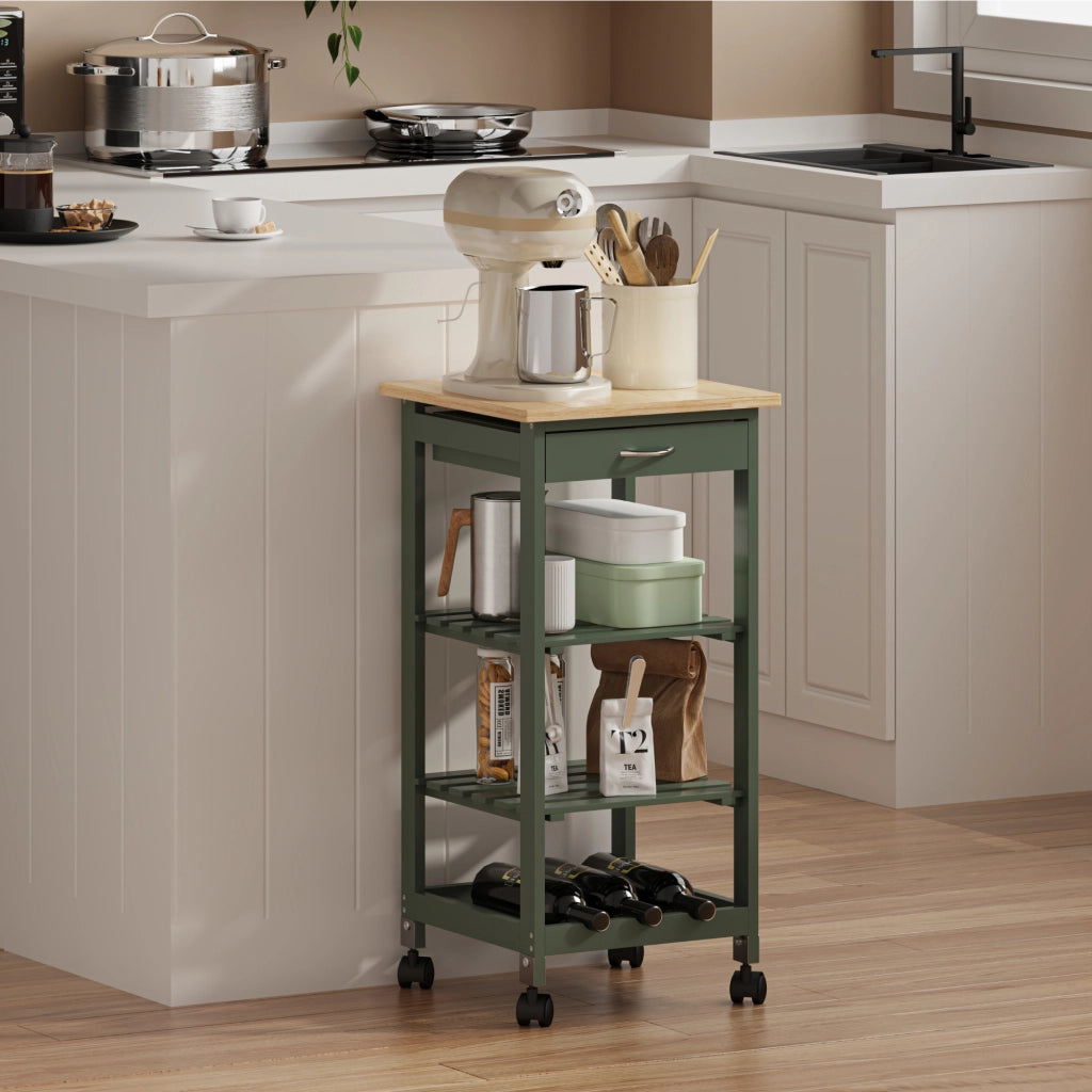 Carrello Portaoggetti Biel con Cassetto 3 Ripiani e Griglia Portabottiglie 76x37x37 cm - Verde / Effetto Legno [en.casa]