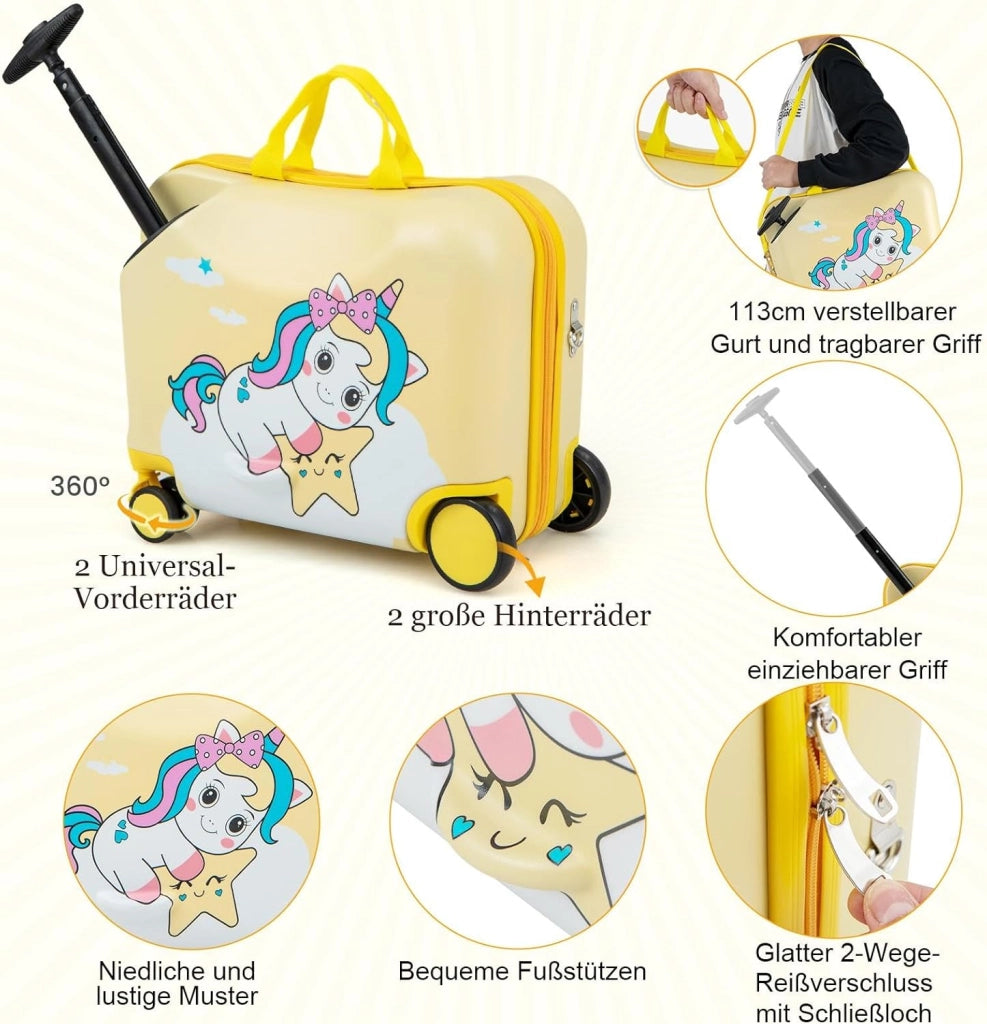 Set di Valigia Cavalcabile 18’’ + Zaino 12’’ per Bambini 2 Pezzi, Bagagli 2-in-1 di con Maniglia Telescopica e 4 Ruote, Trolley Bagaglio a Mano e Zaino per Bambini (Giallo Unicorno-C)