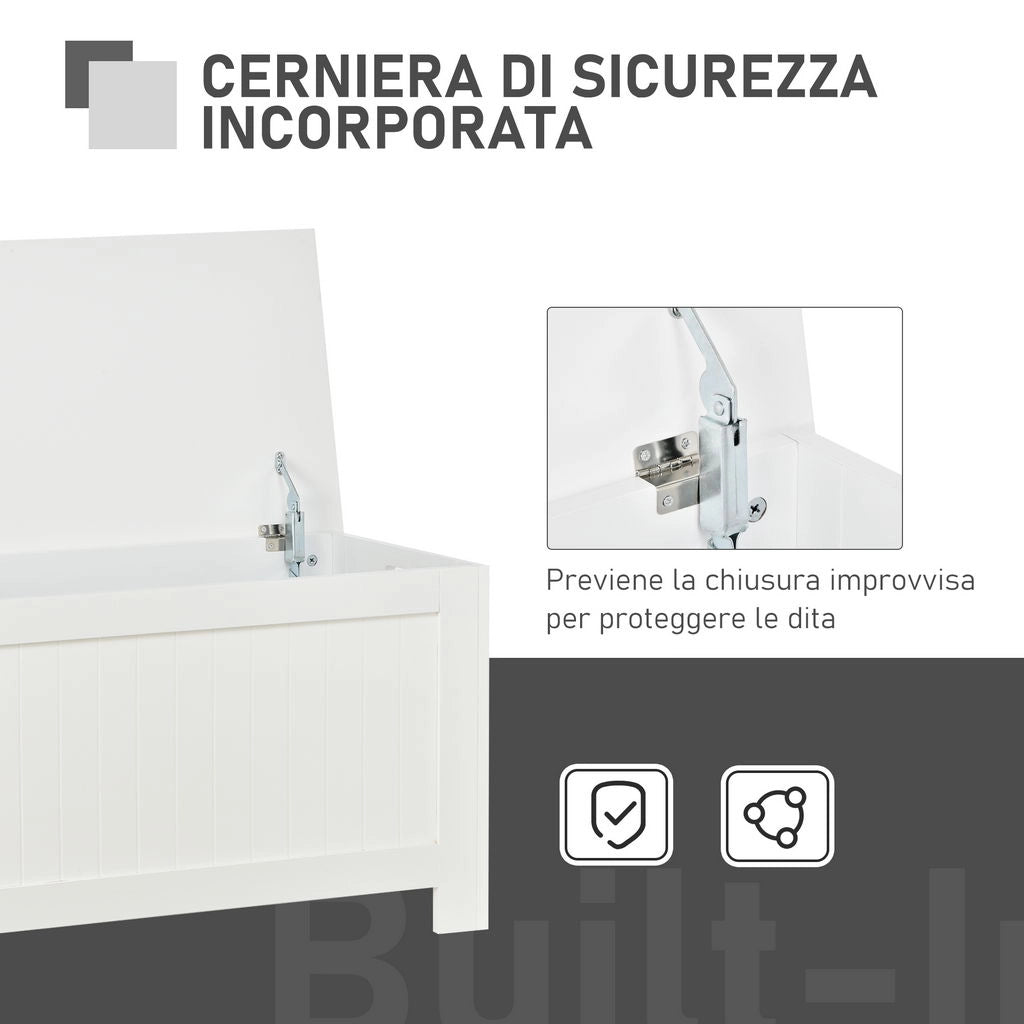 PANCA CONTENITORE MULTIUSO IN LEGNO MDF APERTURA CON BLOCCO DI SICUREZZA, 81X40X46 CM BIANCO