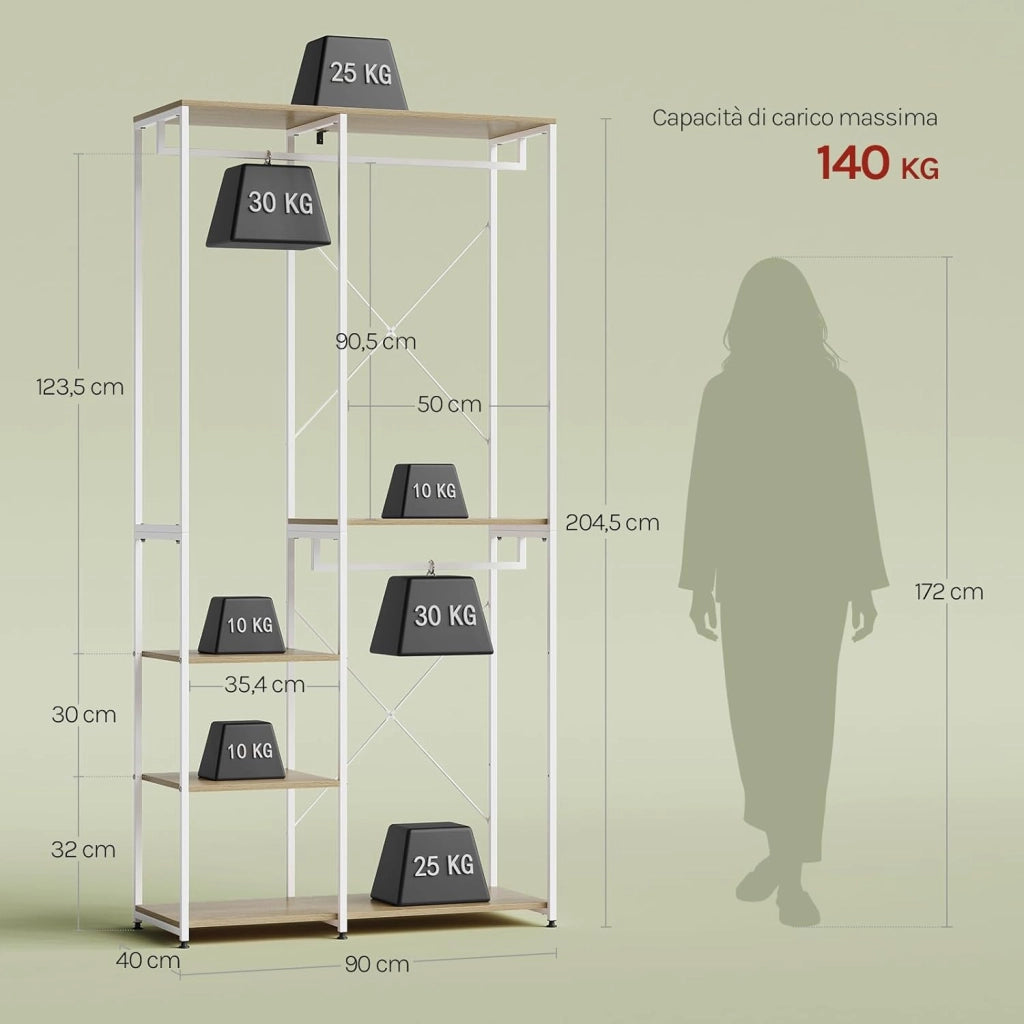 Porta Abiti in MDF e Acciaio, Appendiabiti con Scaffali, Attaccapanni Moderno, Guardaroba Armadio Bianco 90x40x204,5 cm