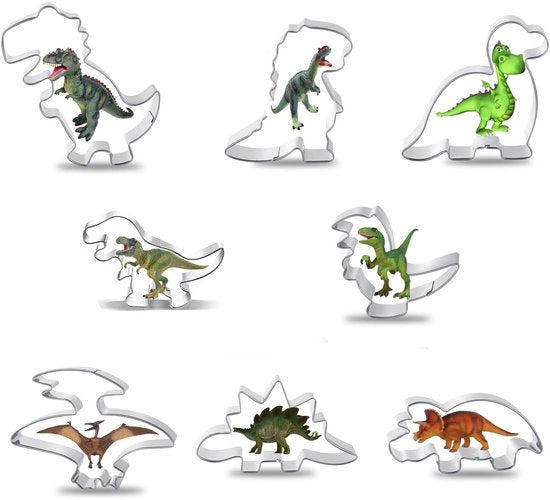 Set di biscotti per modelli di dinosauri (8 pezzi) - Tyrannosaurus Rex, Pterosauro, Triceratopo, Velocirapto, Stegosaurio, Spinosaurio, Brachiosaurio per decorazione di torte con pasta di fondant e pasta di zucchero