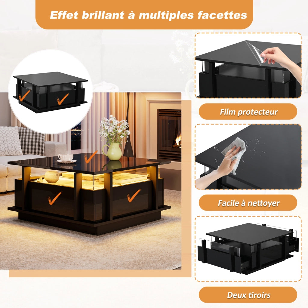Tavolino da salotto nero lucido 70x70 cm con luci LED e 2 cassetti