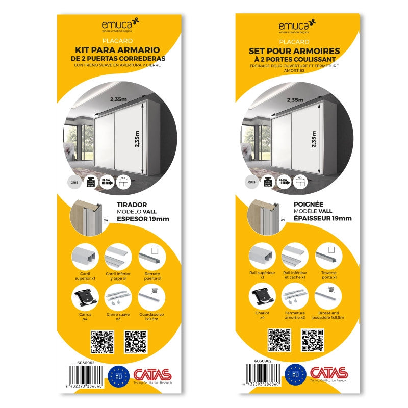 Kit di ferramenta per armadio a 2 ante e chiusura ammortizzata Placard 74, profilo Wave, spessore 16 mm, pannelli non ..