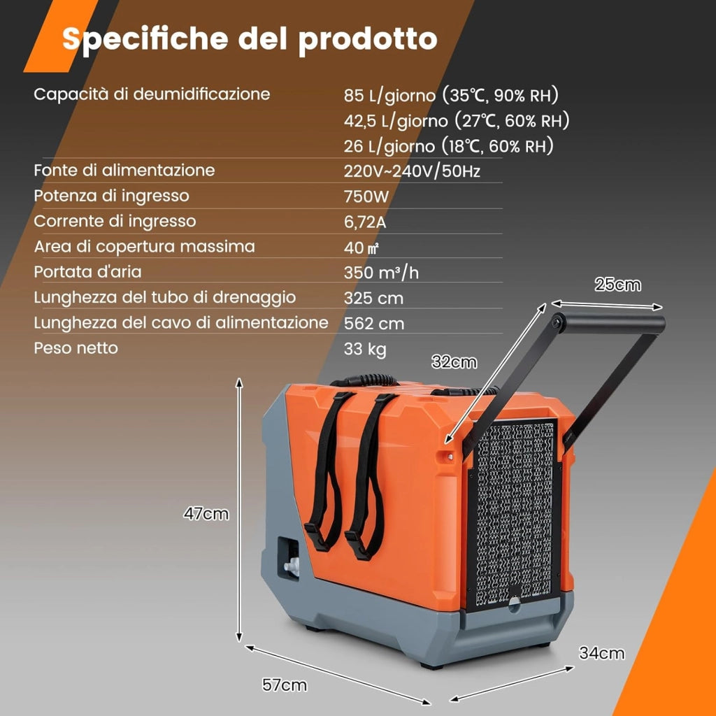 Deumidificatore Commerciale 85 L/Giorno, Deumidificatore con Pompa e Tubo di Scarico, Sbrinamento Automatico, 2 Ruote e Maniglia Pieghevole, Timer 24H, per Cantina Magazzino (Arancione)