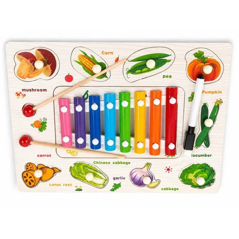 Trade Shop - Gioco Puzzle A Incastro A Tema Verdure Educativo Con Xilofono In Legno Lavagna 07337 -