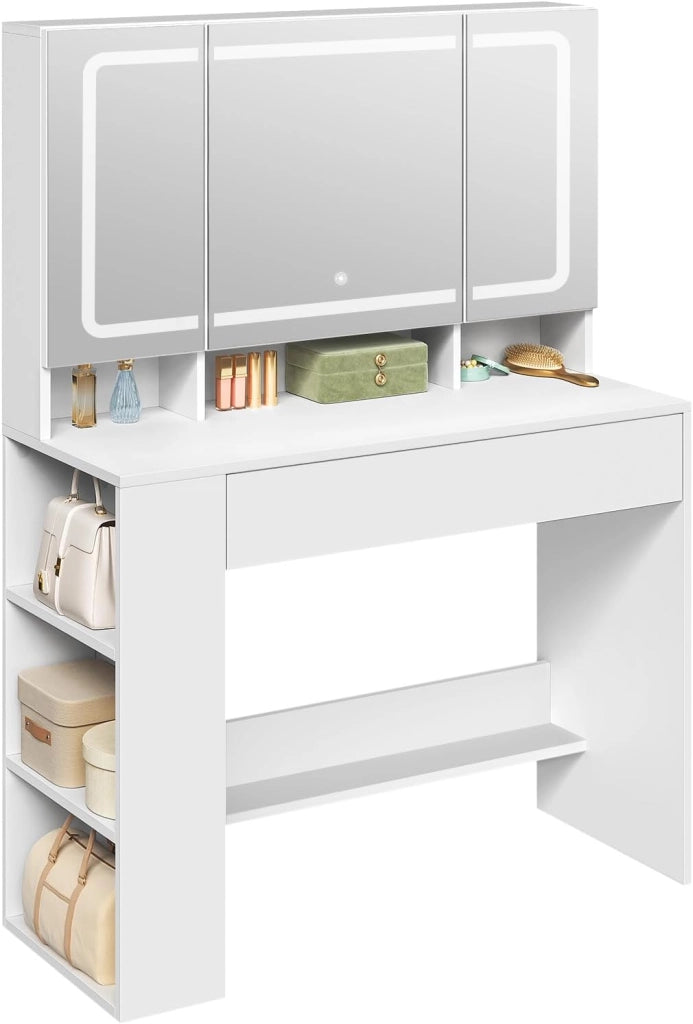 Toeletta con Specchio a LED, Luminosità Regolabile, Postazione Trucco con Scomparti Aperti e Ampio Cassetto, per Camera da Letto, Soggiorno, in Legno, Bianco, 90x40x135 cm