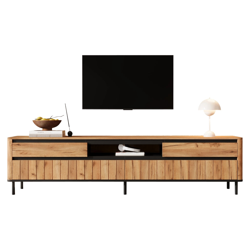 Mobile TV con 2 cassetti e 2 ante a ribalta; passacavi; per soggiorno 180×40×52 cm in MDF nero e rovere