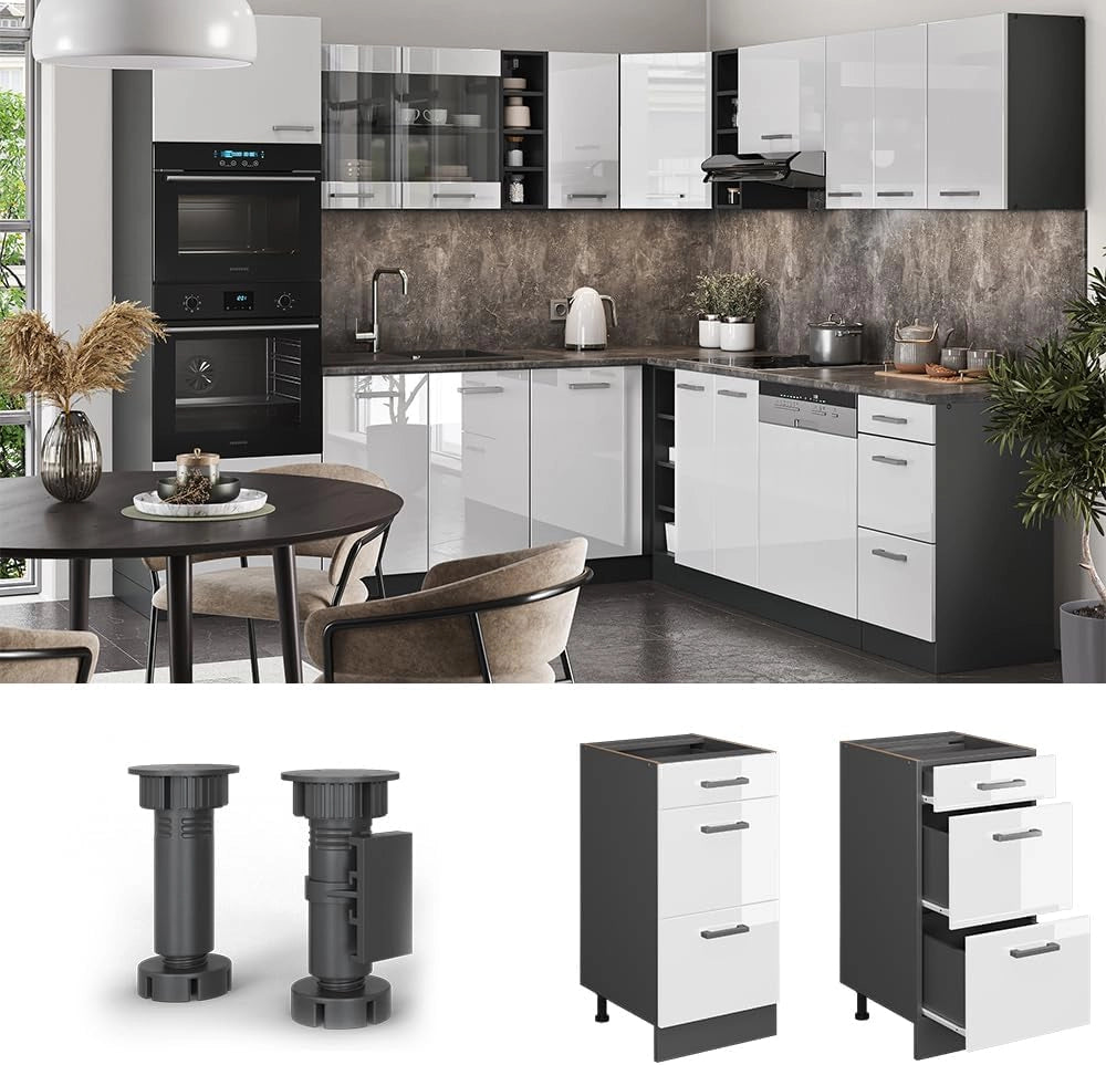 Mobiletto base per cucina R-Line, Bianco lucido, 40 cm con cassetti, senza piano di lavoro, per la libera combinazione all'interno di sistemi cucina modulari