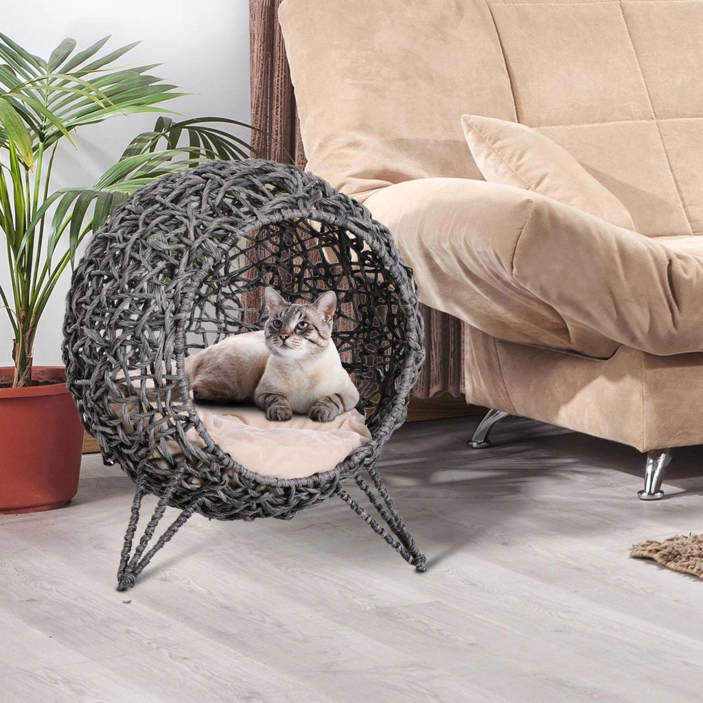 Casetta per Gatti in Rattan con Cuscini Grigio Argento ?52x58 cm ¨C zephmum