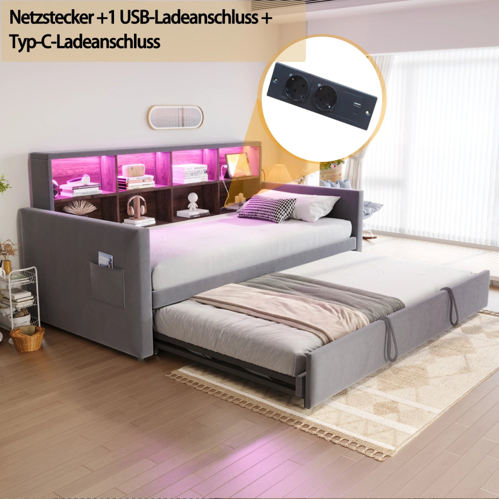 Letto Estraibile Singolo con Ripiani Testiera; LED; USB e Tipo C; 90×190 cm; senza Materasso; Grigio