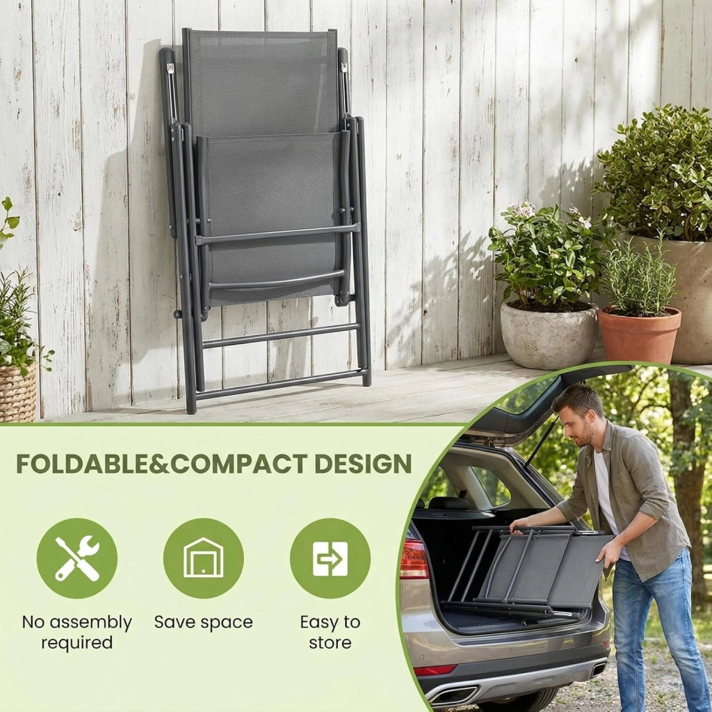 Sedia da Giardino con Schienale Alto Pieghevole Set da 6,Schienale Regolabile su 7 Livelli,Struttura Metallica,Portata Fino a 120 kg,Sedia Pieghevole Leggera per Balcone,Campeggio,Grigio Scuro