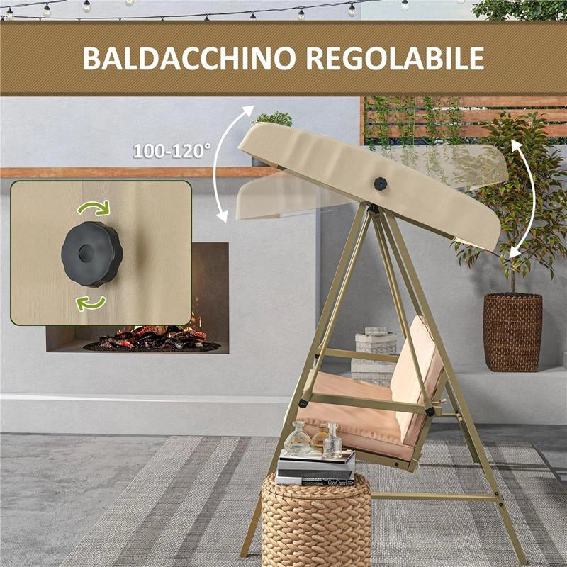 DONDOLO 3 POSTI CON TETTUCCIO INCLINABILE E CUSCINI, IN ACCIAIO E TEXTILENE, 200X125X175 CM, BEIGE E MARRONE
