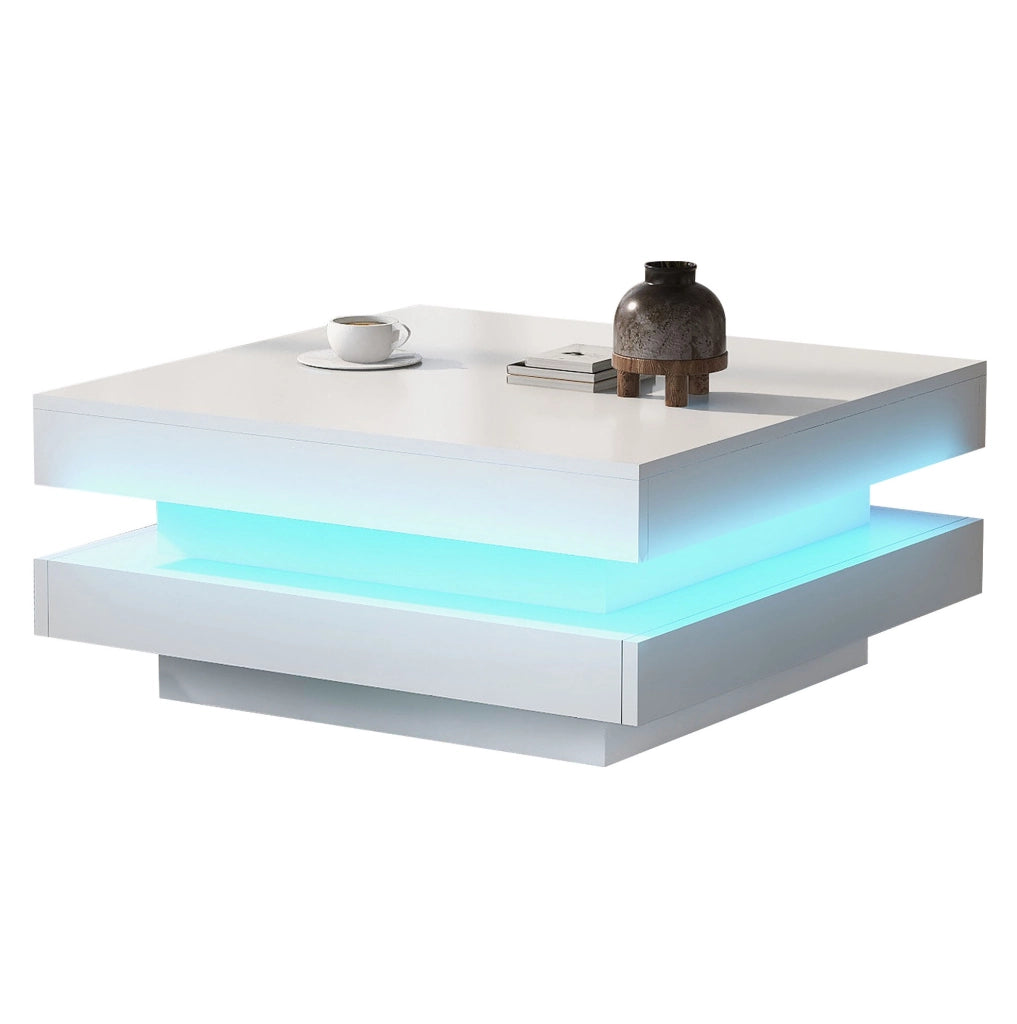 Tavolino da caffè quadrato con LED Bluetooth; 70 x 70 x 36 cm; truciolare bianco