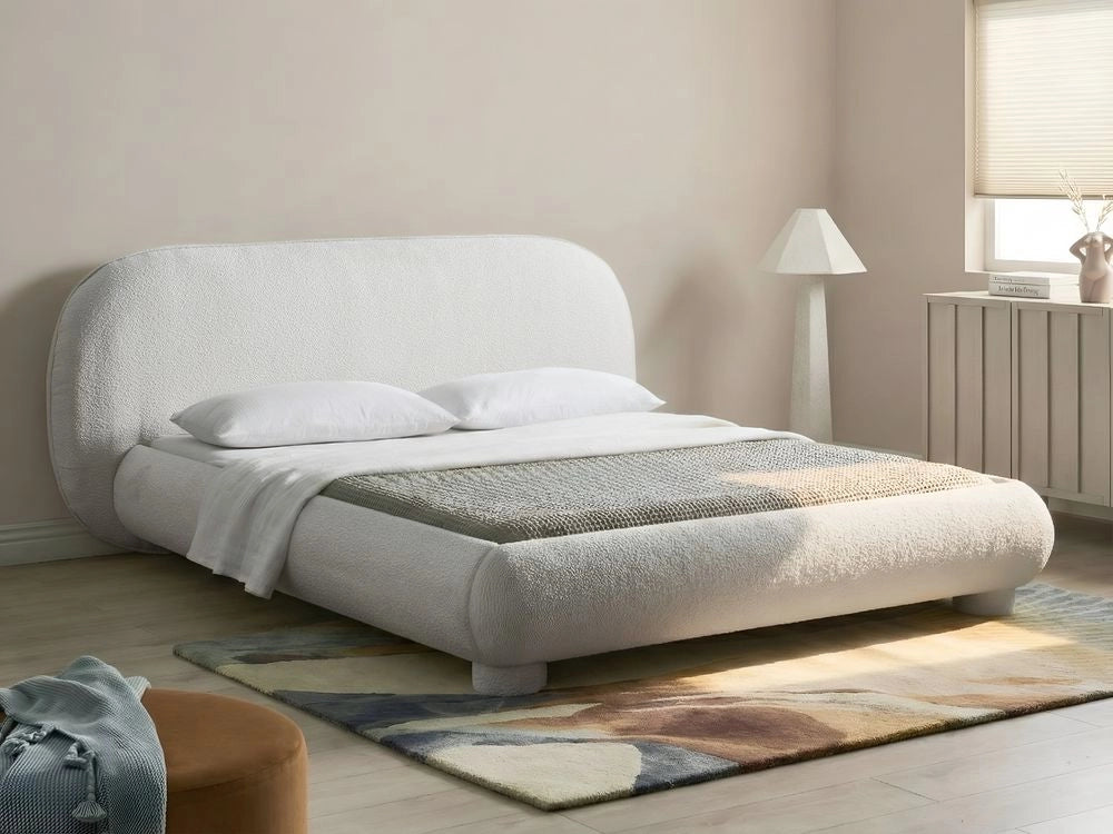 Letto rivestito in bouclé bianco sporco 160 x 200 cm design minimalista retrò camera da letto