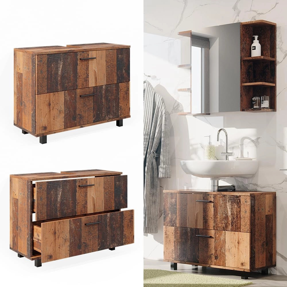 Mobile sottolavabo per bagno Ilias, Rovere rustico, 80 x 60.8 cm con 2 cassetti, con ritaglio per sifone e aperture di ventilazione laterali