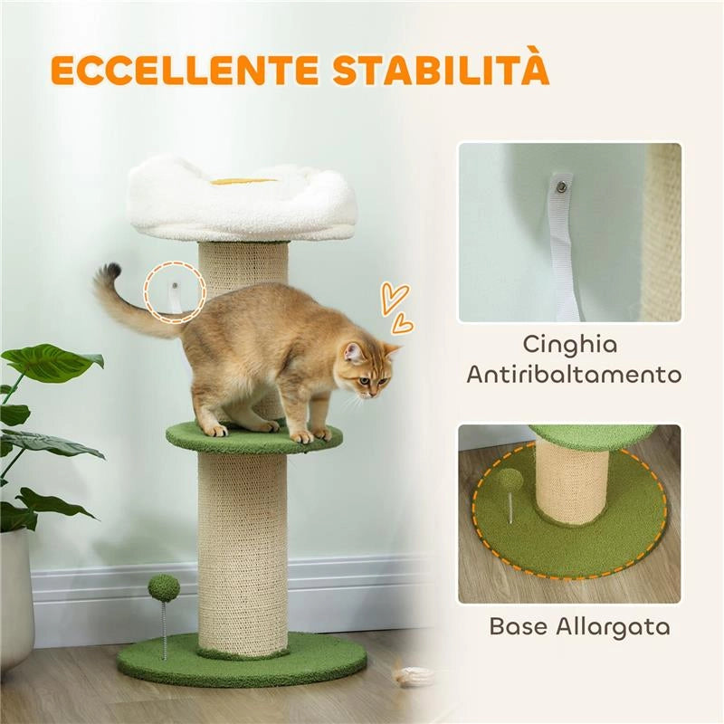 ALBERO TIRAGRAFFI PER GATTI ALTO 92 CM CON PALO IN SISAL E LETTINO A FORMA DI FIORE, VERDE