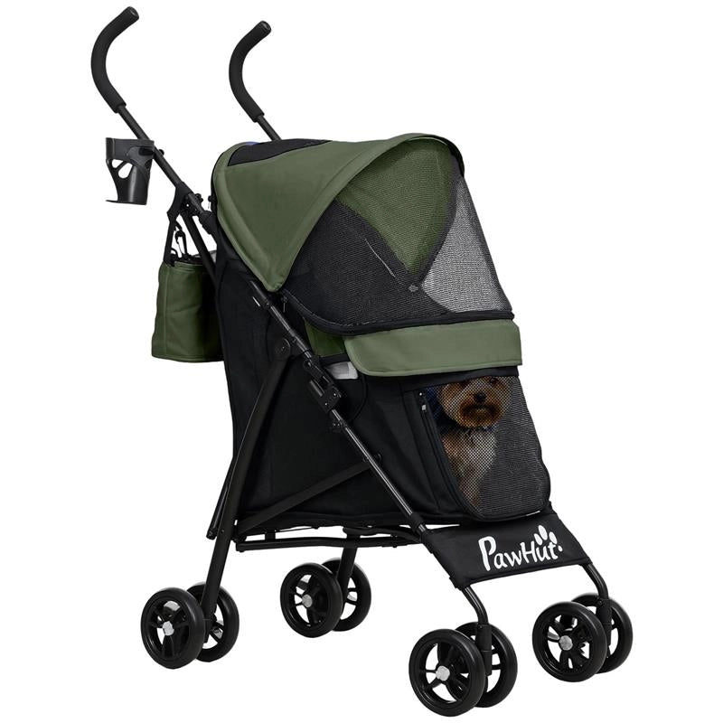 PASSEGGINO PER CANI CON 2 FINESTRE A RETE, IN ACCIAIO E TESSUTO OXFORD, 76X44X103 CM, NERO E VERDE SCURO