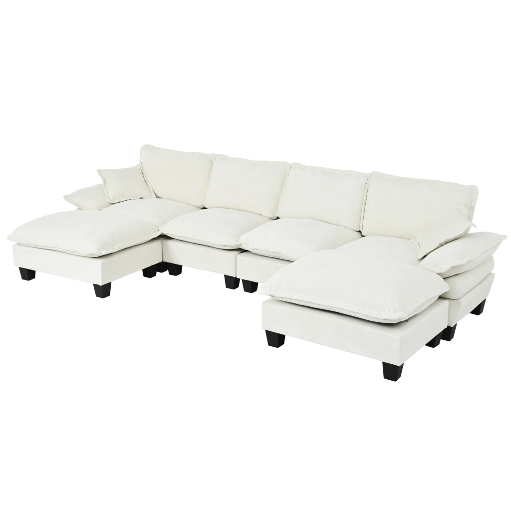 Divano panoramico a U 6 posti modulare con ottomana rimovibile e braccioli ampi in chenille - beige 332×151×90 cm