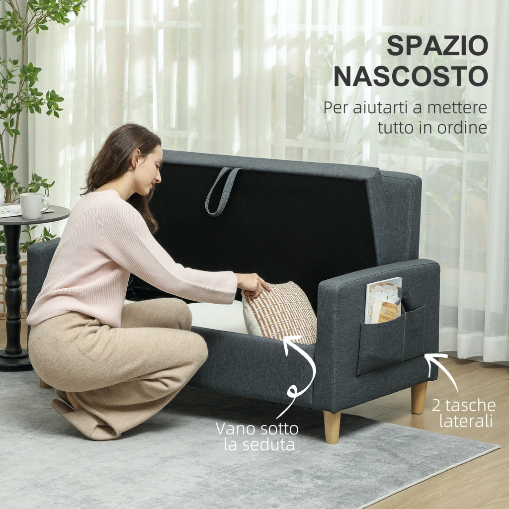 Divano 2 posti con contenitore ¨C Xylo ¨C tessuto effetto lino grigio scuro 135x72x84 cm